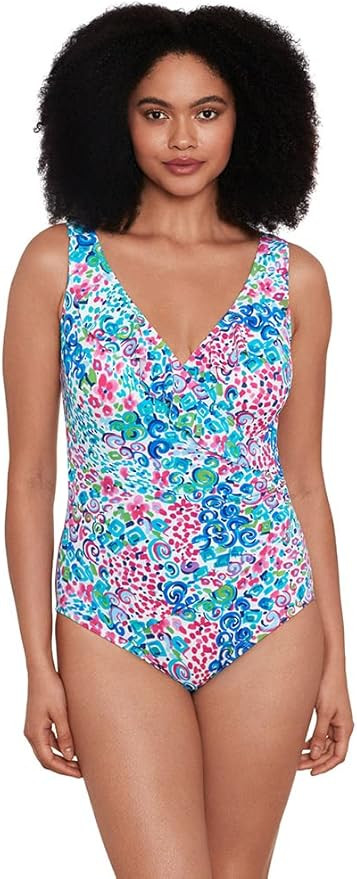 Longitude Women's Swimwear Ruffle Surplice Soft Cup Long Torso One Piece Swimsuit | Amazon (US)