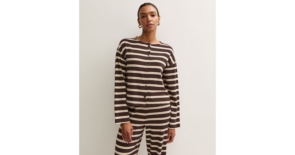 Women's Brown Cotton Rich Striped Button Through Long Sleeve T-Shirt New Look | New Look (UK)