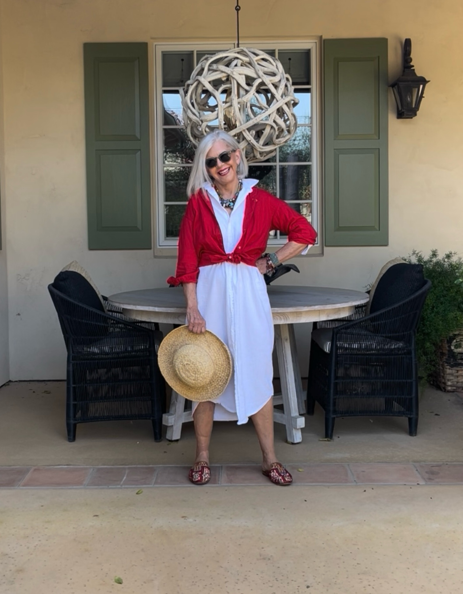 White Midi Shirt Dress with red linen shirt tied at waist artemis design kilimanjaro mules

#LTKshoecrush #LTKSeasonal #LTKstyletip