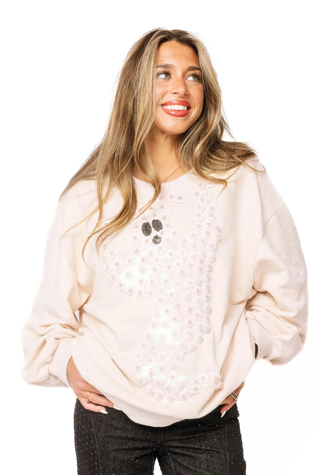 Ivory Sequin Flower Ghost Sweatshirt | Queen of Sparkles