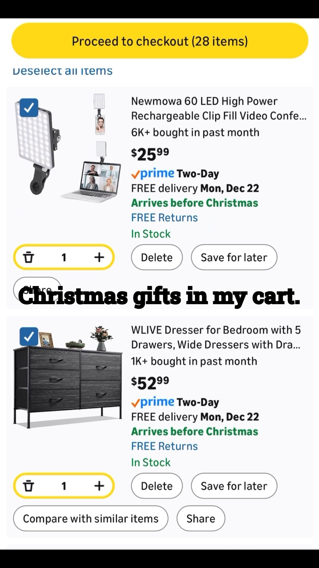 A peek into gifts that’s in my cart.

Hashtags:
#giftideas #giftsforfamily #gifting #giftsforher #giftsforhim #giftideas #holiday #holidaygifts #christmas #christmasgifts #furniture #athleticwear #athletic #workoutgear #toys #home #decor #trending

#LTKHoliday #LTKGiftGuide #LTKSeasonal