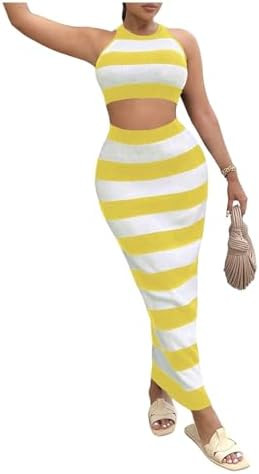 GORGLITTER Women's 2 Piece Outfit Color Block Striped Halter Top and Ribbed Knit Bodycon Maxi Ski... | Amazon (US)