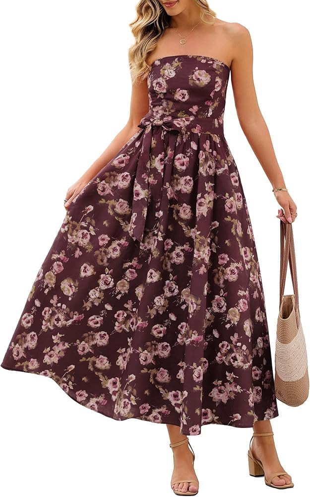 MEROKEETY Women's Summer Floral Maxi Dresses 2026 Strapless Tube Smocked Tie Boho Beach Wedding G... | Amazon (US)