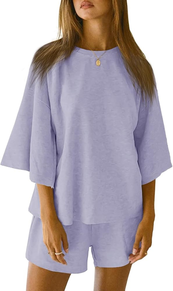 Tankaneo Womens Pajama Sets 3/4 Sleeve Oversized Tops and Elastic Waist Shorts Lounge Sets Lounge... | Amazon (US)