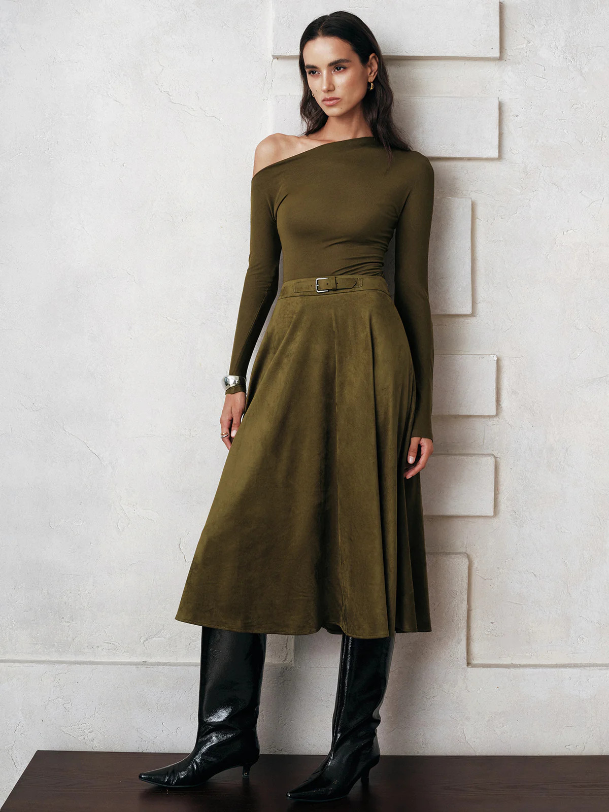 Suede Effect A-Line Midi Skirt | Commense