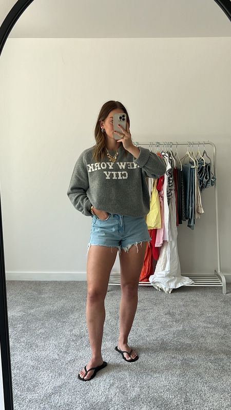 5/24/24 Casual shorts outfit 🫶🏼 summer outfits, casual summer outfit, New York City sweater, Abercrombie sale, Abercrombie shorts, Abercrombie denim, denim shorts, casual summer fashion 