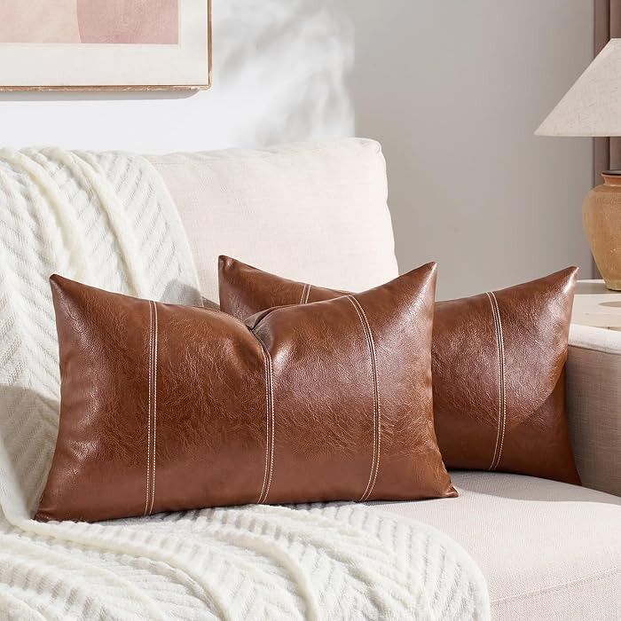 Fancy Homi 2 Packs Brown Boho Lumbar Faux Leather Decorative Throw Pillow Covers 12x20 Inch for Living Room Couch Bed Sofa, Hand Stitched Rectangle Cushion Case, Rustic Modern Farmhouse Home Decor | Amazon (US)