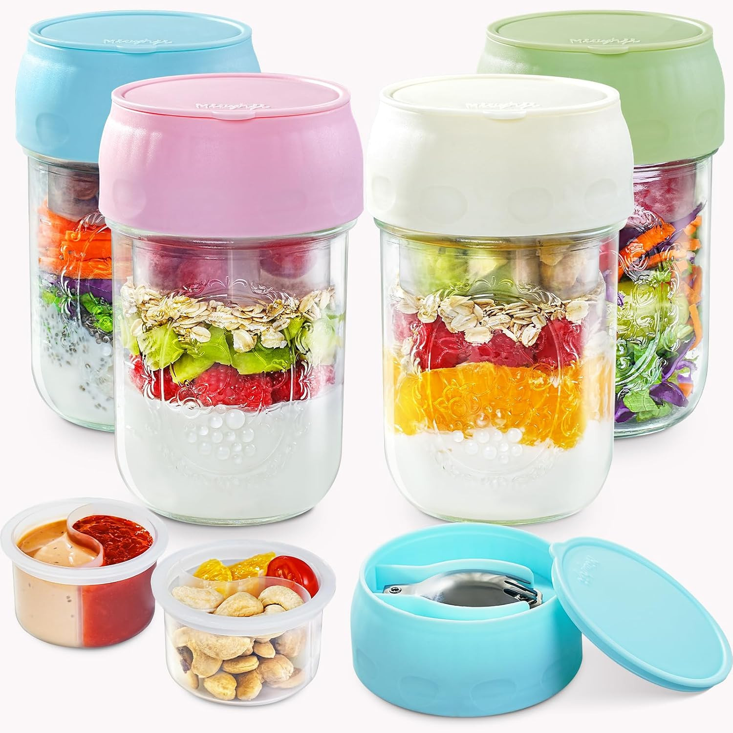 4 Pack Overnight Oats Containers with Lids, Chia Seed Pudding Jars with Folding Spoons & Divided ... | Amazon (US)