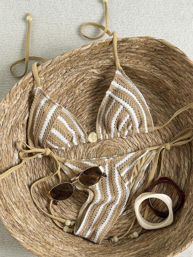 Swim Mod Women's 2pcs Summer Beach Swimwear Set, Textured Hollow-Out Knit Fabric, Halter Neck Triangle Top, Tie-Side Bottoms With Beaded Decor | SHEIN