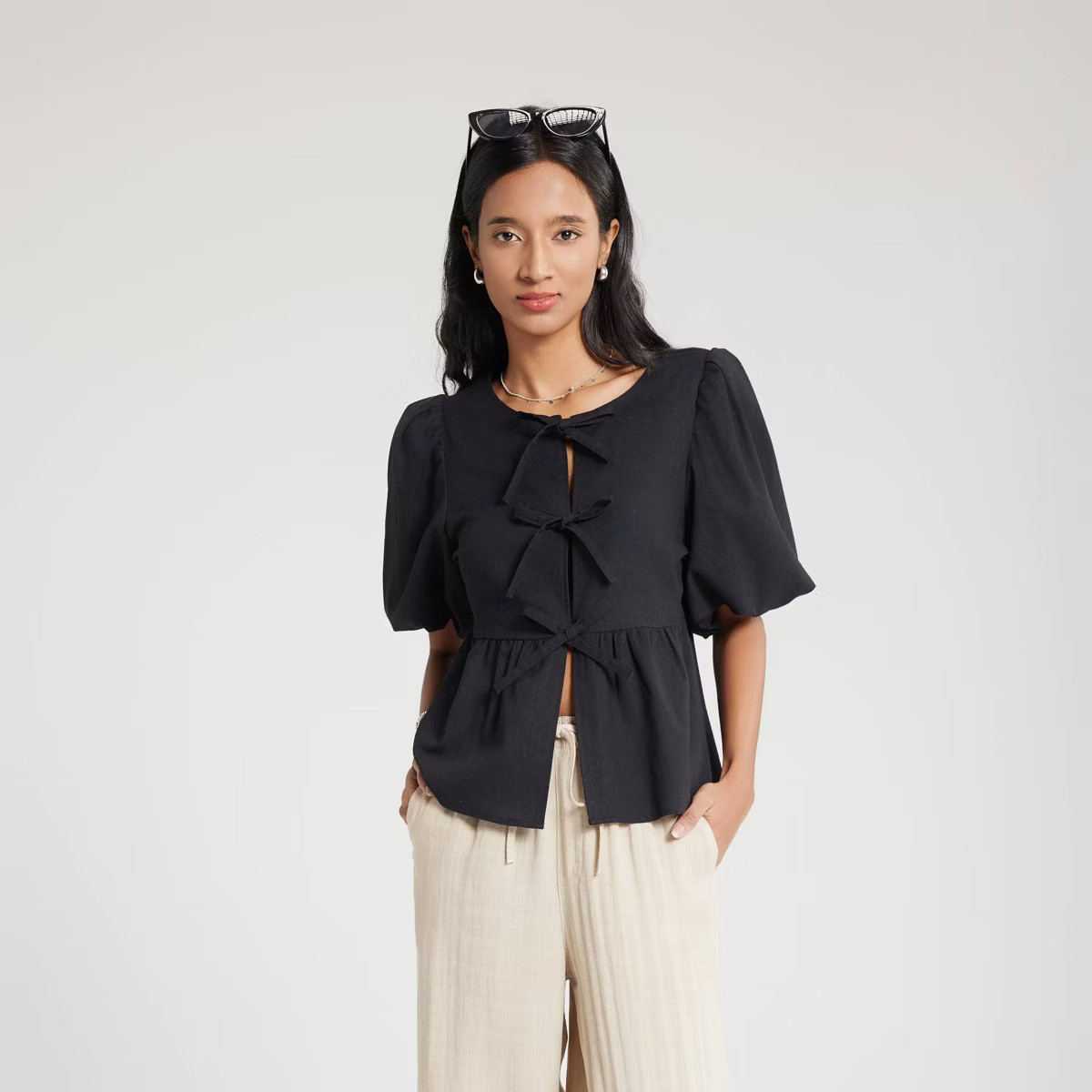 Women's Bubble Sleeve Tie-Front Blouse - A New Day™ | Target