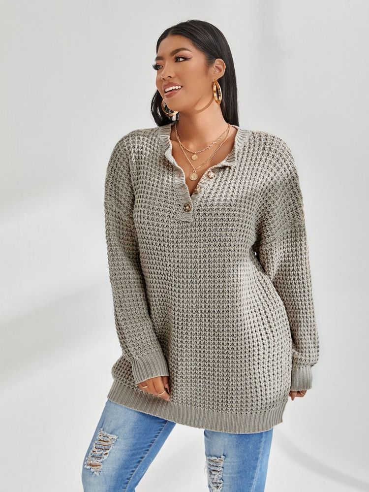 Plus Waffle Knit Half Button Drop Shoulder Sweater | SHEIN
