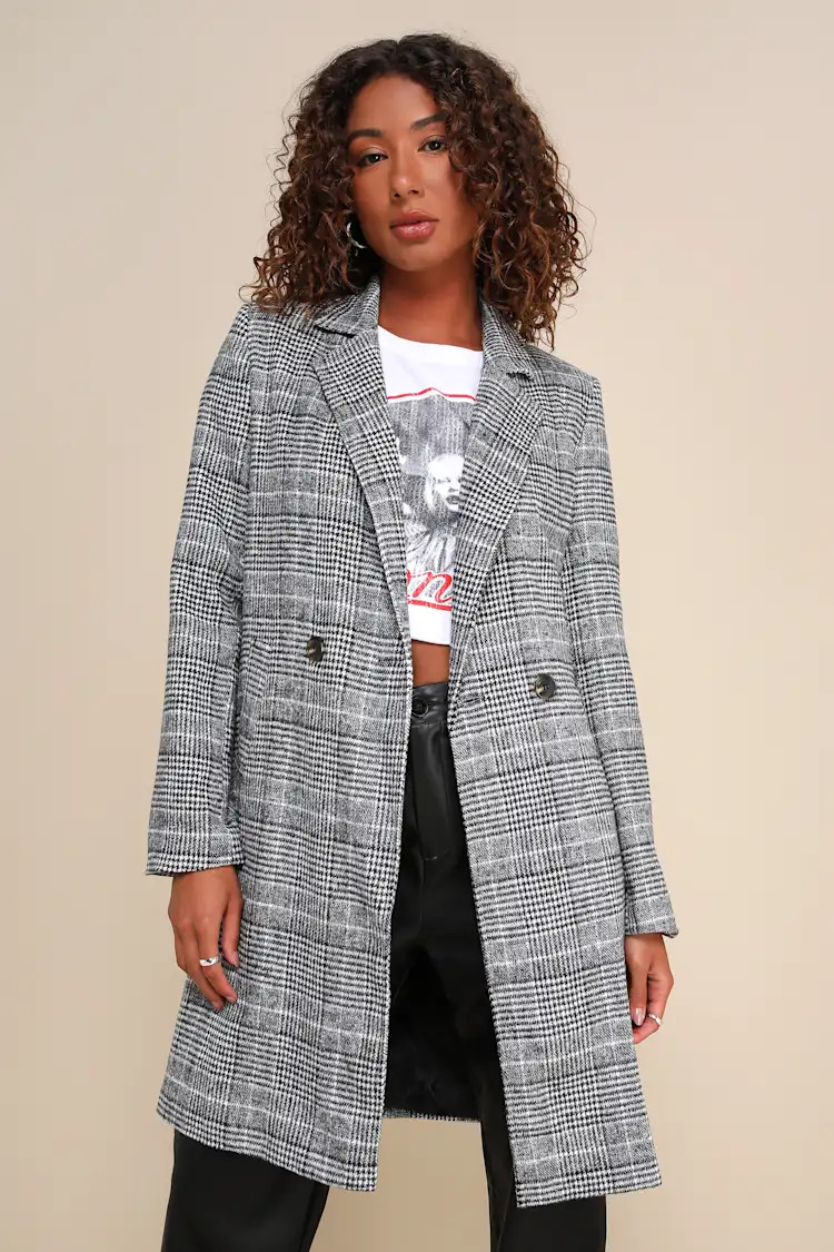 Chilly Out Black and White Glen Plaid Long Coat | Lulus