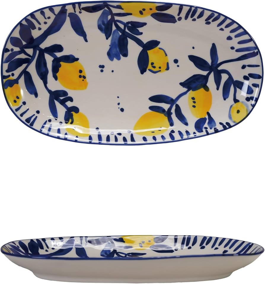 Creative Co-Op Hand-Painted Stoneware Platter with Lemons, White, Blue and Yellow | Amazon (US)