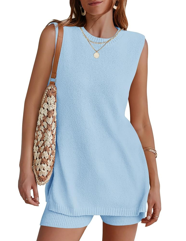 NENONA Women's Summer Sleeveless Sweater Lounge Sets Casual Loose Fit Tunic Tops and Shorts 2 Pie... | Amazon (US)