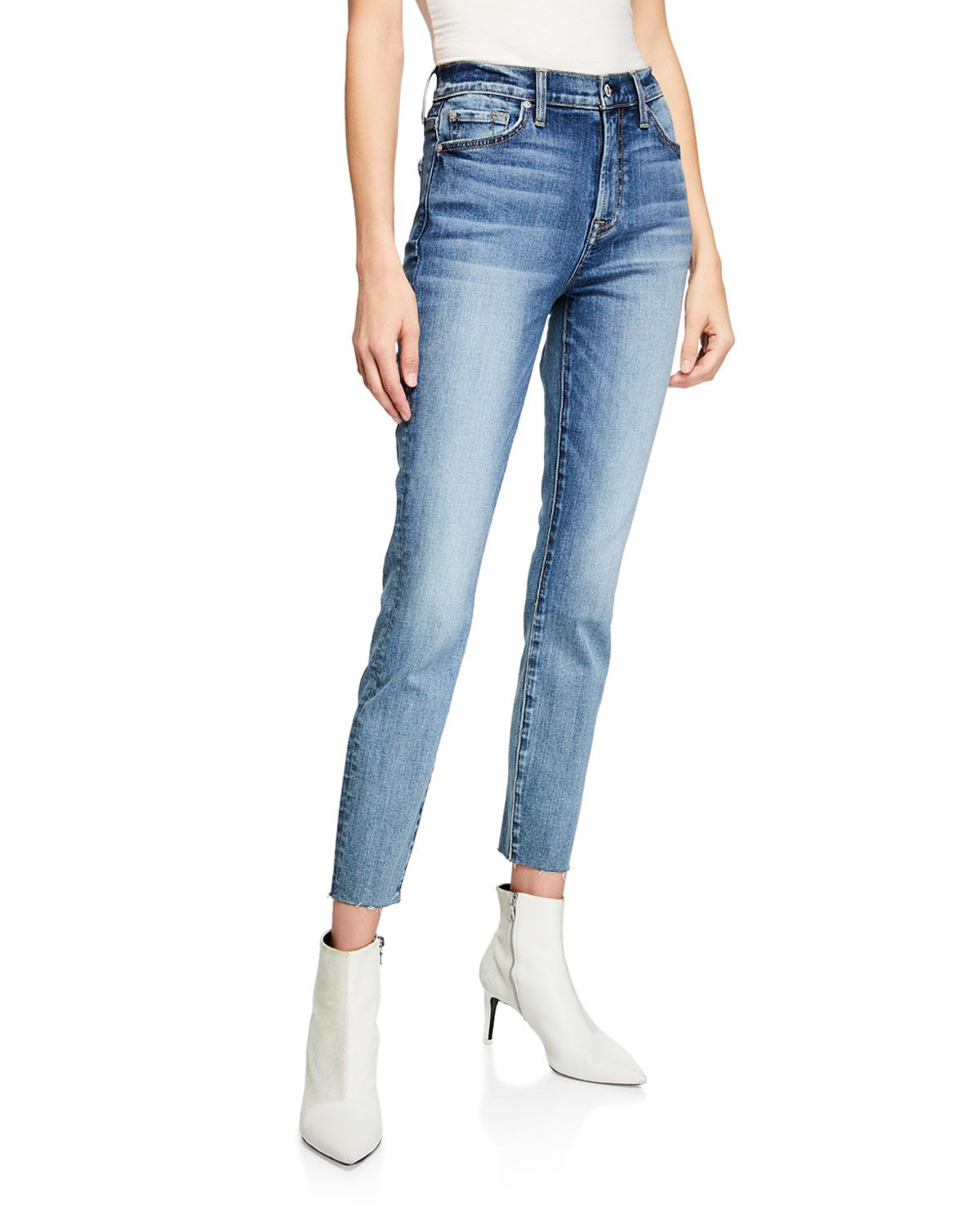 High-Rise Ankle Skinny Jeans w/ Cutoff Hem | Neiman Marcus