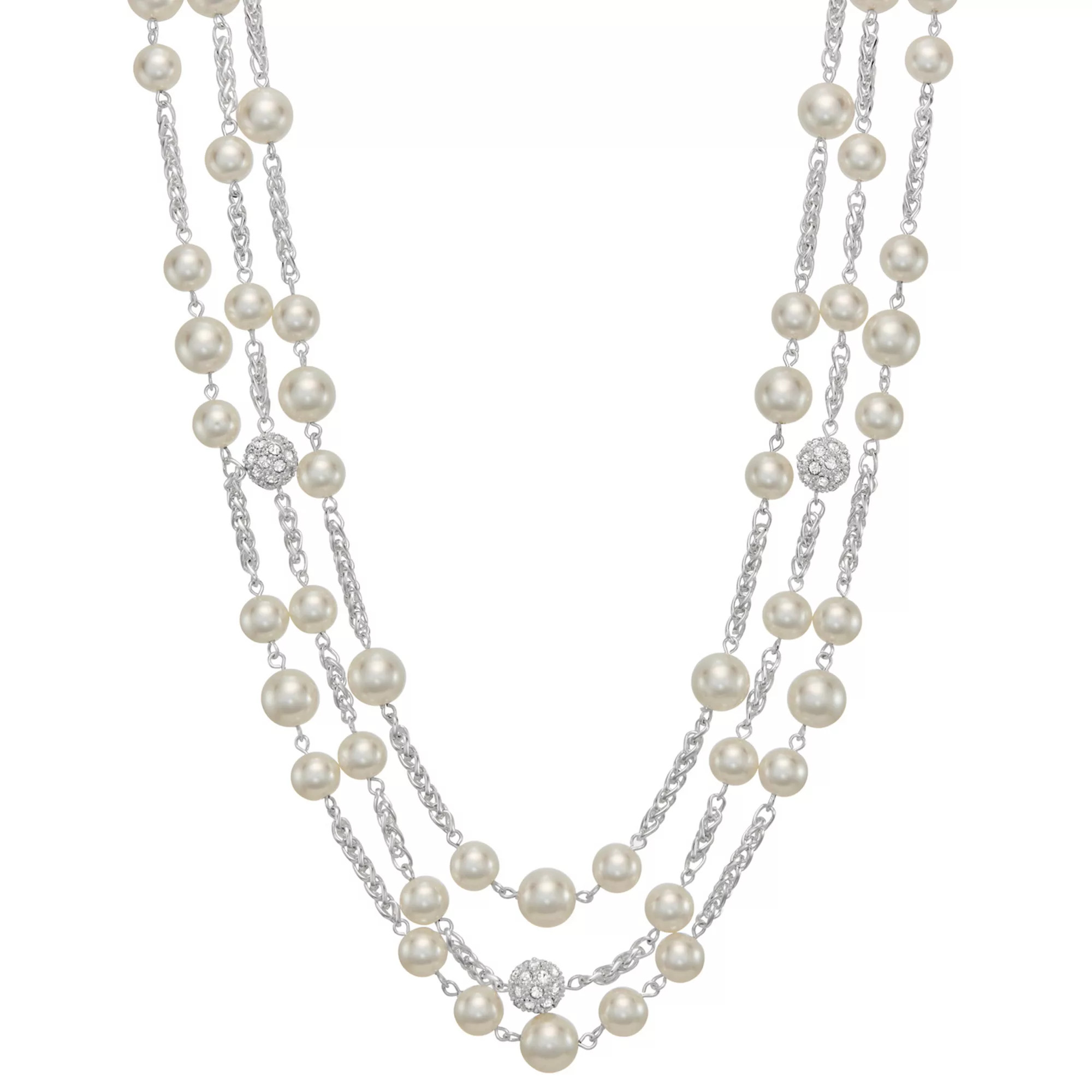 You're Invited Silver Tone Crystal & Simulated Pearl 3 Row Collar Necklace | Kohl's