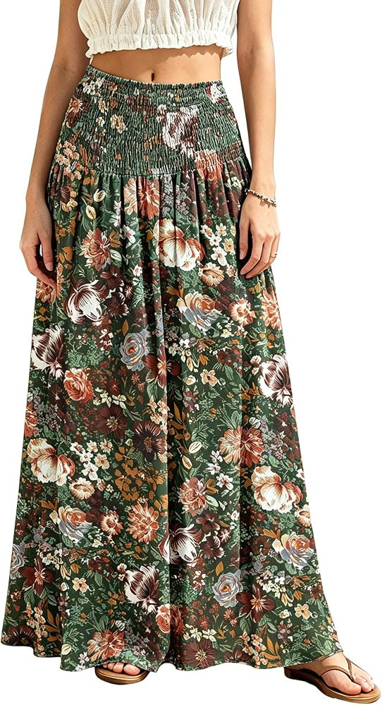 Womens Maxi Skirt Smocked Boho Flowy Casual Long Skirts | Amazon (US)