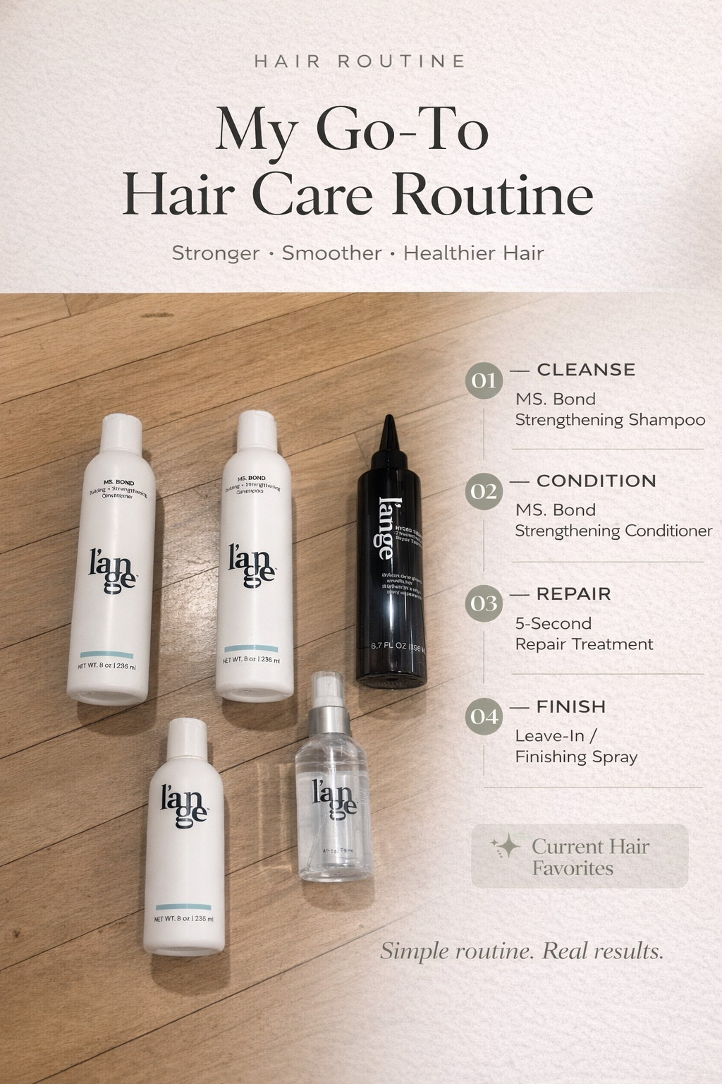 My simple hair care routine using my current L’ange favorites for cleansing, strengthening, repairing, and finishing ✨ This lineup helps my hair feel cleaner, smoother, softer, and more manageable without overcomplicating things.

Step-by-Step Hair Care Routine:
Step 1: Cleanse
Start with the L’ange MS. BOND Building + Strengthening Shampoo to gently cleanse the scalp and hair while helping support stronger strands.

Step 2: Condition
Follow with the L’ange MS. BOND Building + Strengthening Conditioner, focusing from mid-lengths to ends for softness, moisture, and easier detangling.

Step 3: Repair + Treat
Apply the L’ange Hydro/Toning 5-Second Repair Treatment after shampooing for an extra smoothing and repairing step. This is great when your hair feels dry, rough, or in need of a reset.

Step 4: Finish + Protect
Use the L’ange finishing spray/leave-in product on damp or dry hair to help with manageability, softness, and a polished finish. 

 #LTKselfcare #LTKBeauty