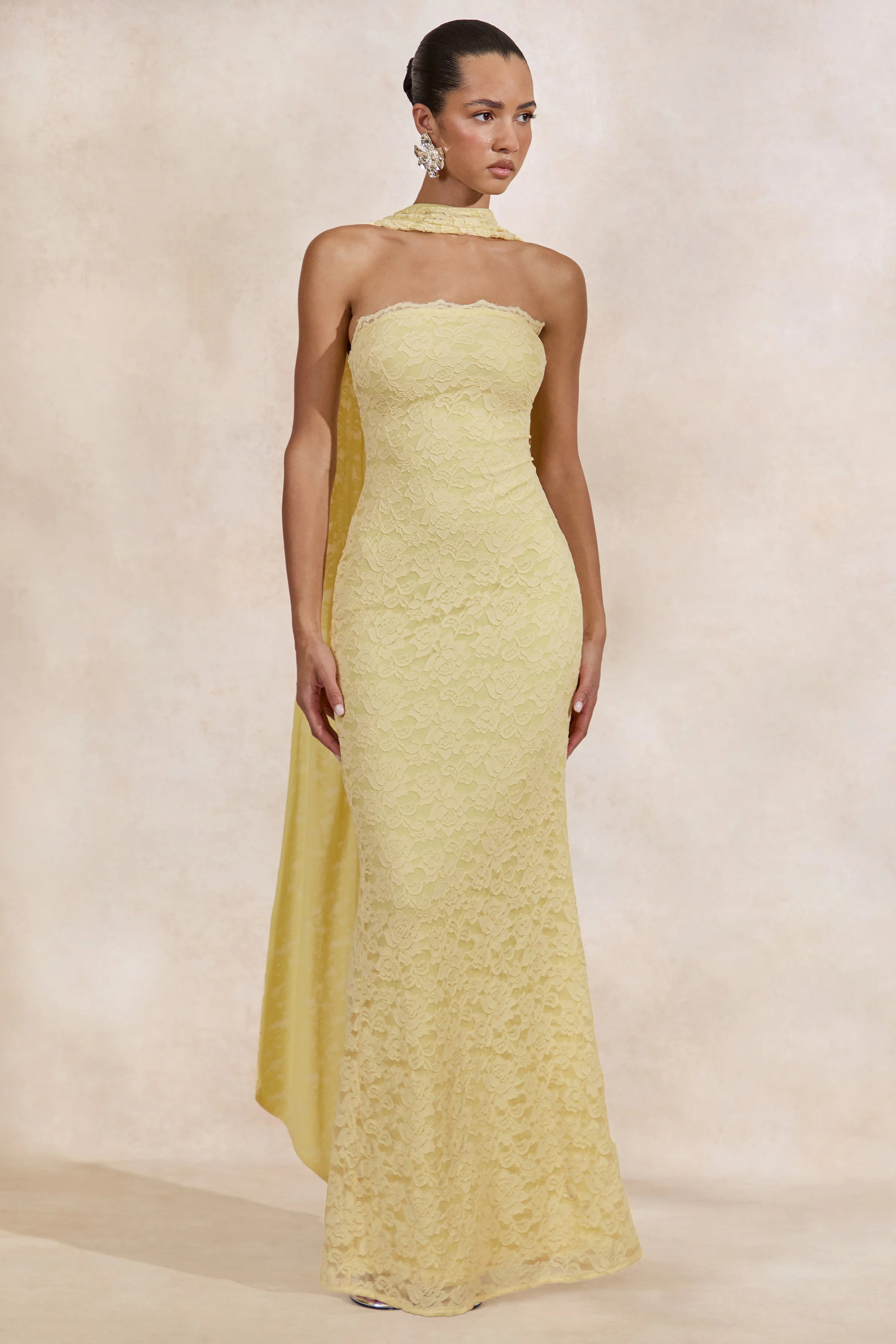 Massima | Lemon Lace Bandeau Maxi Dress With Scarf-Detail | Club L London