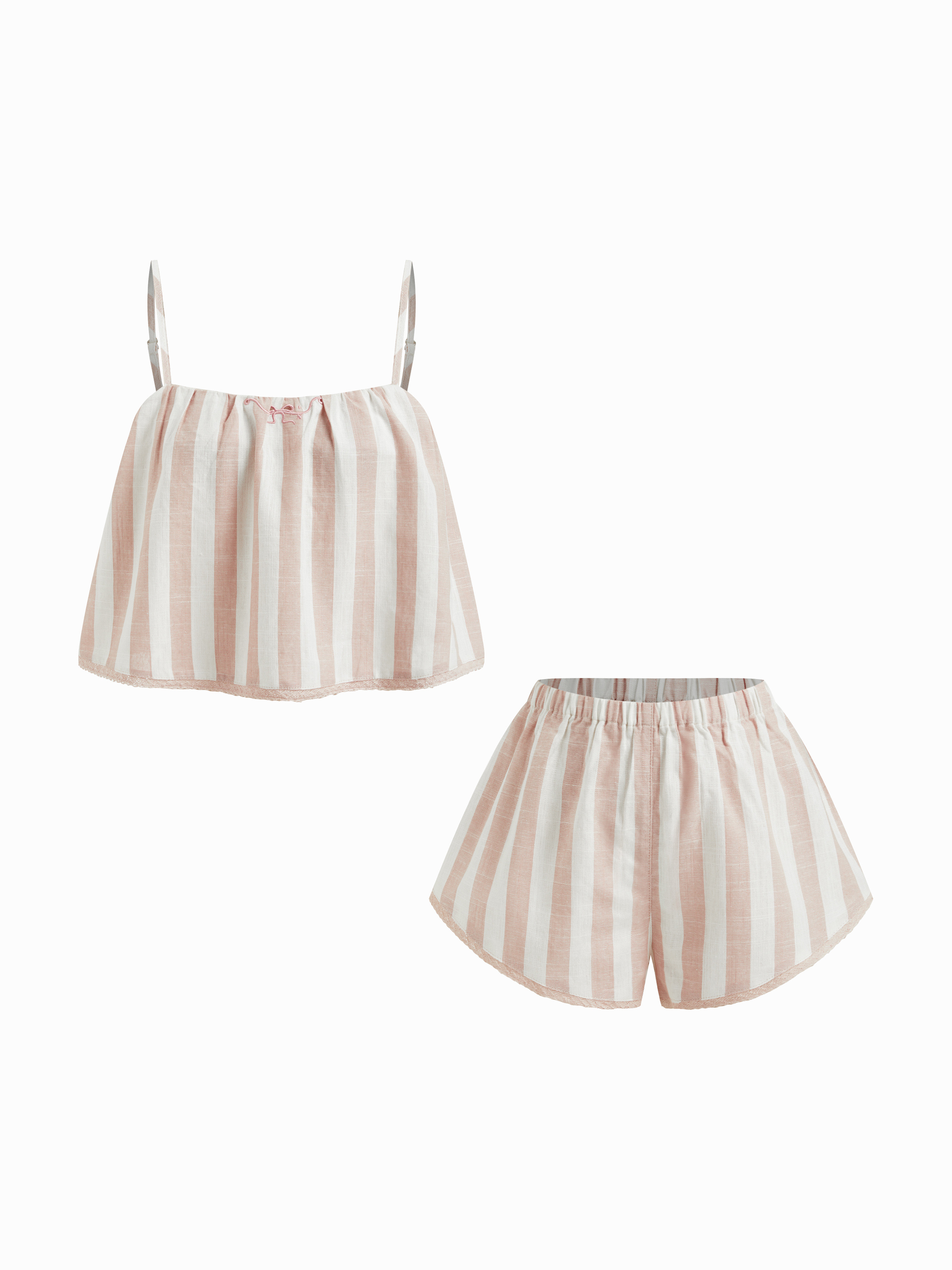 Linen-blend Linen-blend Square Neck Stripe Bowknot Lace Trim Crop Oversized Cami Top & Low Rise S... | Cider