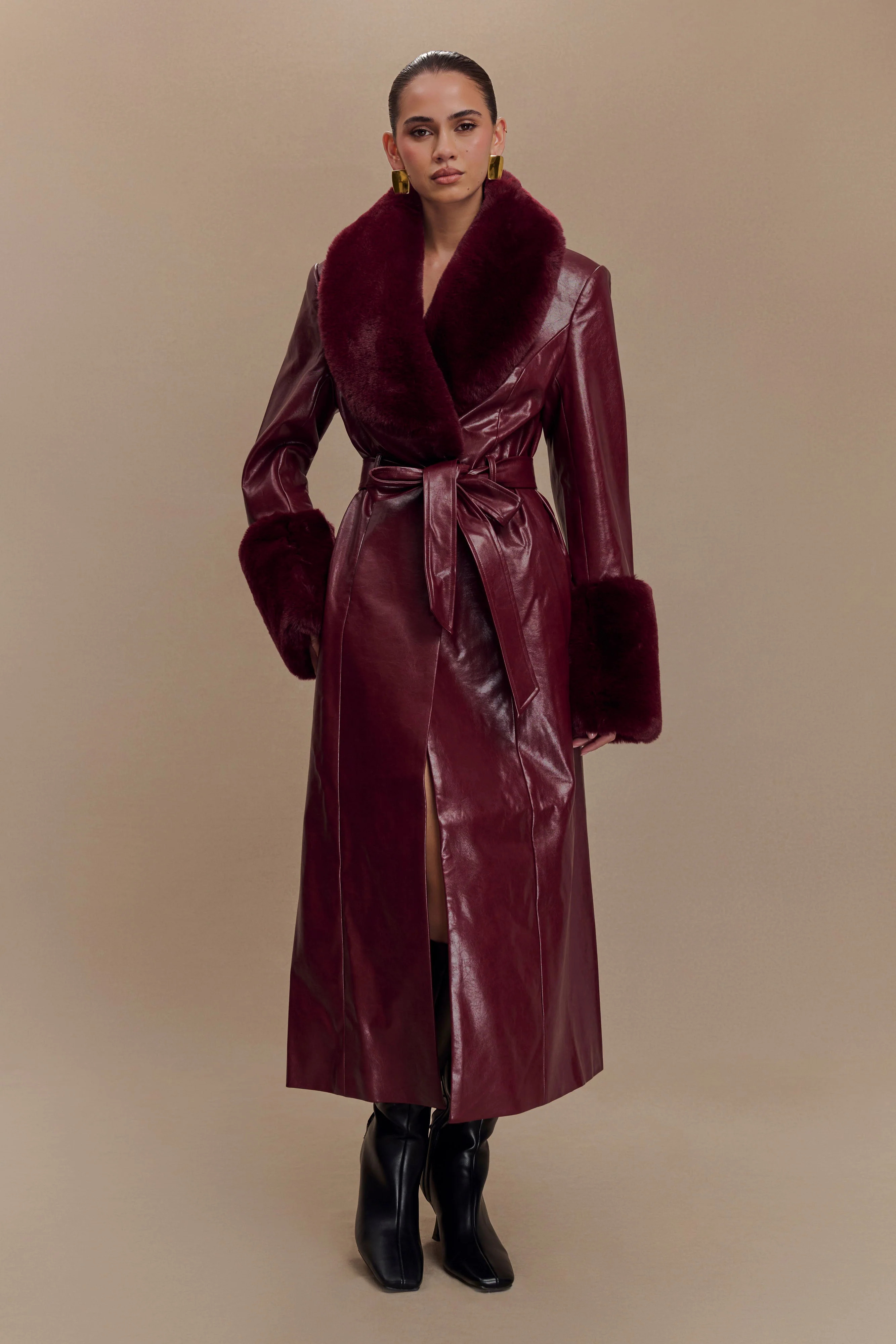 Bec Faux Leather Trench Coat With Faux Fur - Cherry Red | MESHKI US