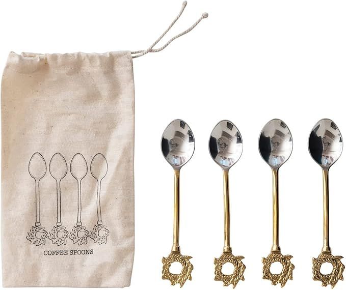 Creative Co-Op Stainless Steel and Brass Spoons with Gold Finish Wreath Handles, Set of 4 in Prin... | Amazon (US)