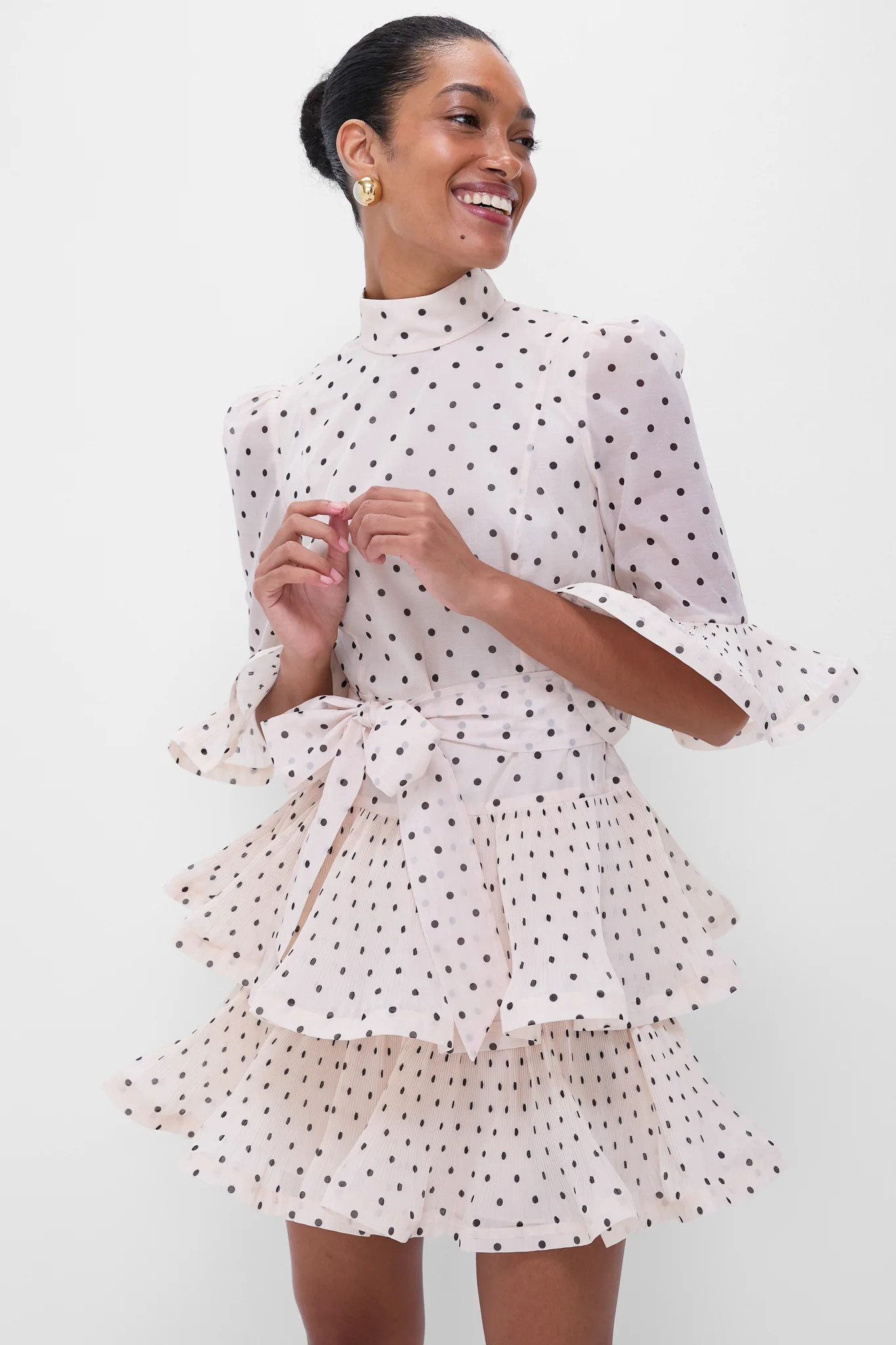Cream and Black Polka Dot Pleated Sleeved Mini Dress | Tuckernuck (US)