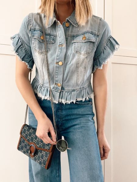 Amazon denim ruffle top under $50 and I’m wearing a size small 

#LTKstyletip #LTKfindsunder50