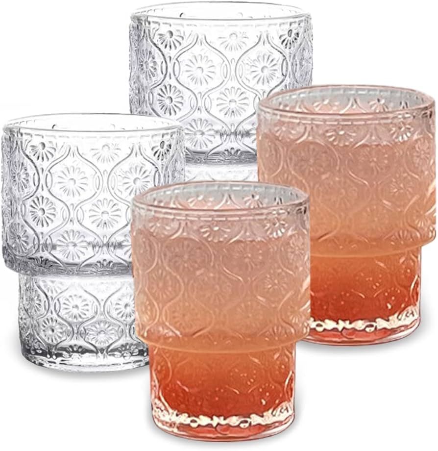 Glass Cups Vintage Glassware | Set of 4 Small, Embossed Stackable Pattern Style Transparent Cockt... | Amazon (US)