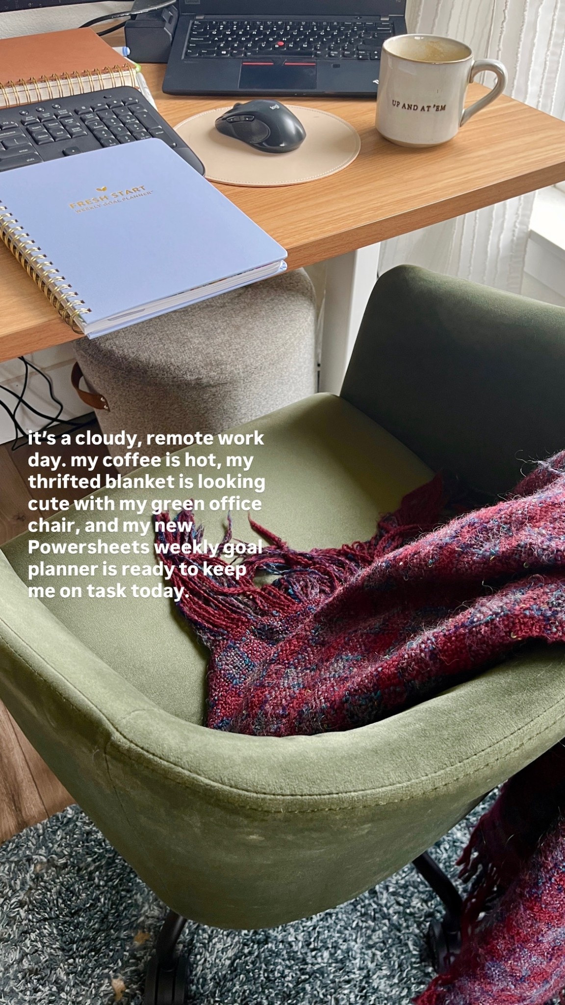 
It's a cloudy, remote work day. my coffee is hot, my thrifted blanket is looking cute with my green office chair, and my new Powersheets weekly goal planner is ready to keep me on task today  

#LTKFindsUnder50 #LTKHome #LTKFindsUnder100