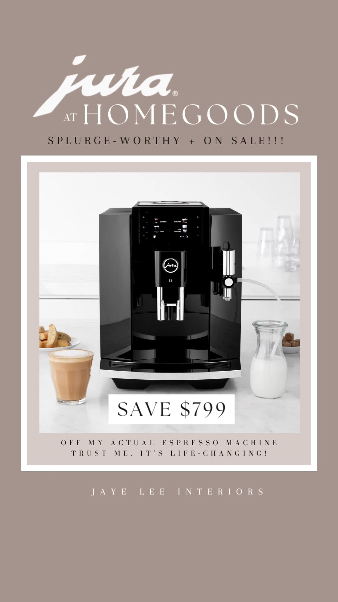 I’d 1000/10 recommend this splurge, even at regular price, but the discount is crazy good, so don’t hesitate. I see these pop up from time to time at TJ MAXX and Marshall’s, but they don’t last long. The E8 is my favorite model, it makes superior coffee, grinding fresh beans for each cup, it makes lots of different espresso drinks with perfect foam, and even has self-cleaning features! 
Jura, espresso machine, coffee bar, coffee maker, kitchen appliances, #jleeinteriors

#LTKSaleAlert #LTKHome #LTKmomlife