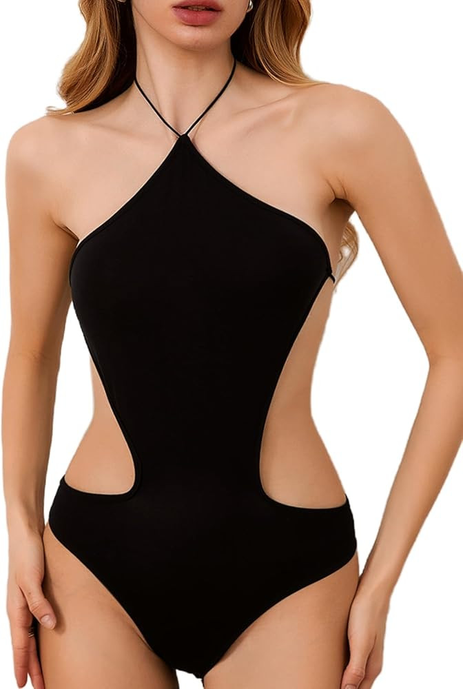 MakeMeChic Women's Halter Tops Casual Cut Out Bodysuit Sexy Sleeveless Backless Asymmetrical Leot... | Amazon (US)