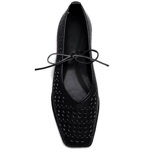 Women's Lace Up Ballet Flats Square Toe Slip On Ballerina Shoes Cute Bow Tie Mary Jane Comfy Casu... | Amazon (US)