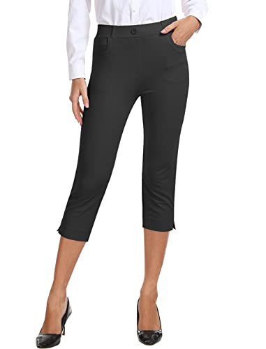 MoFiz Capri Pants for Women Pull On Summer Dressy Business Casual Cropped Pants Straight Leg Work Office Golf Capris Pants with Pockets Grey XS | Amazon (US)
