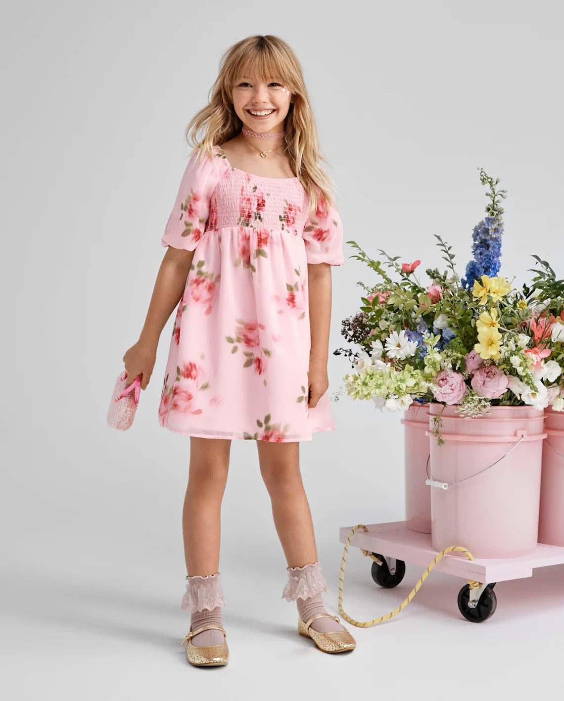 Girls Floral Chiffon Smocked Dress - pink | The Children's Place