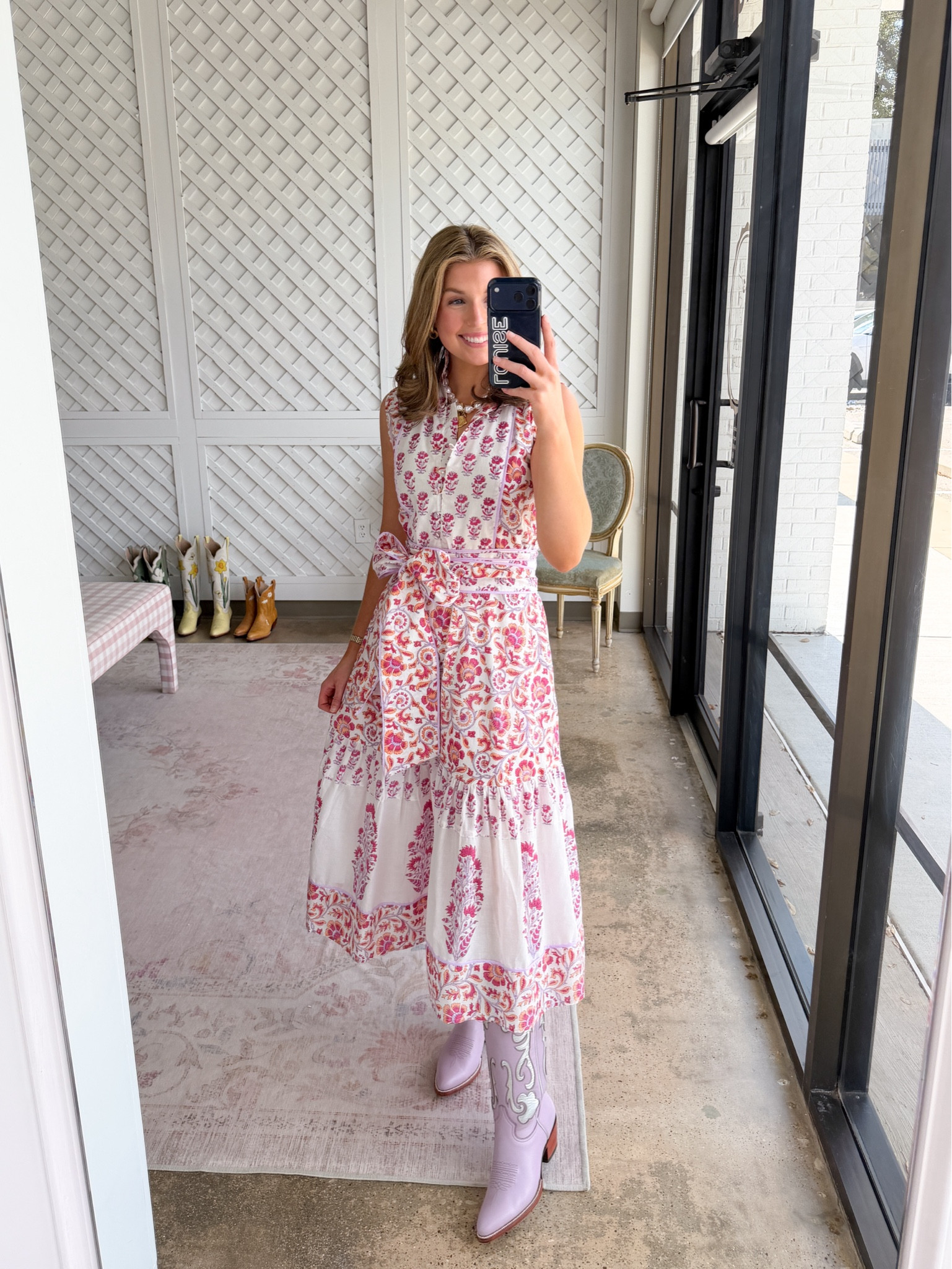 Spring outfit idea! Wearing an XS in dress. Boots are from Petite Paloma - can’t link in LTK 💗