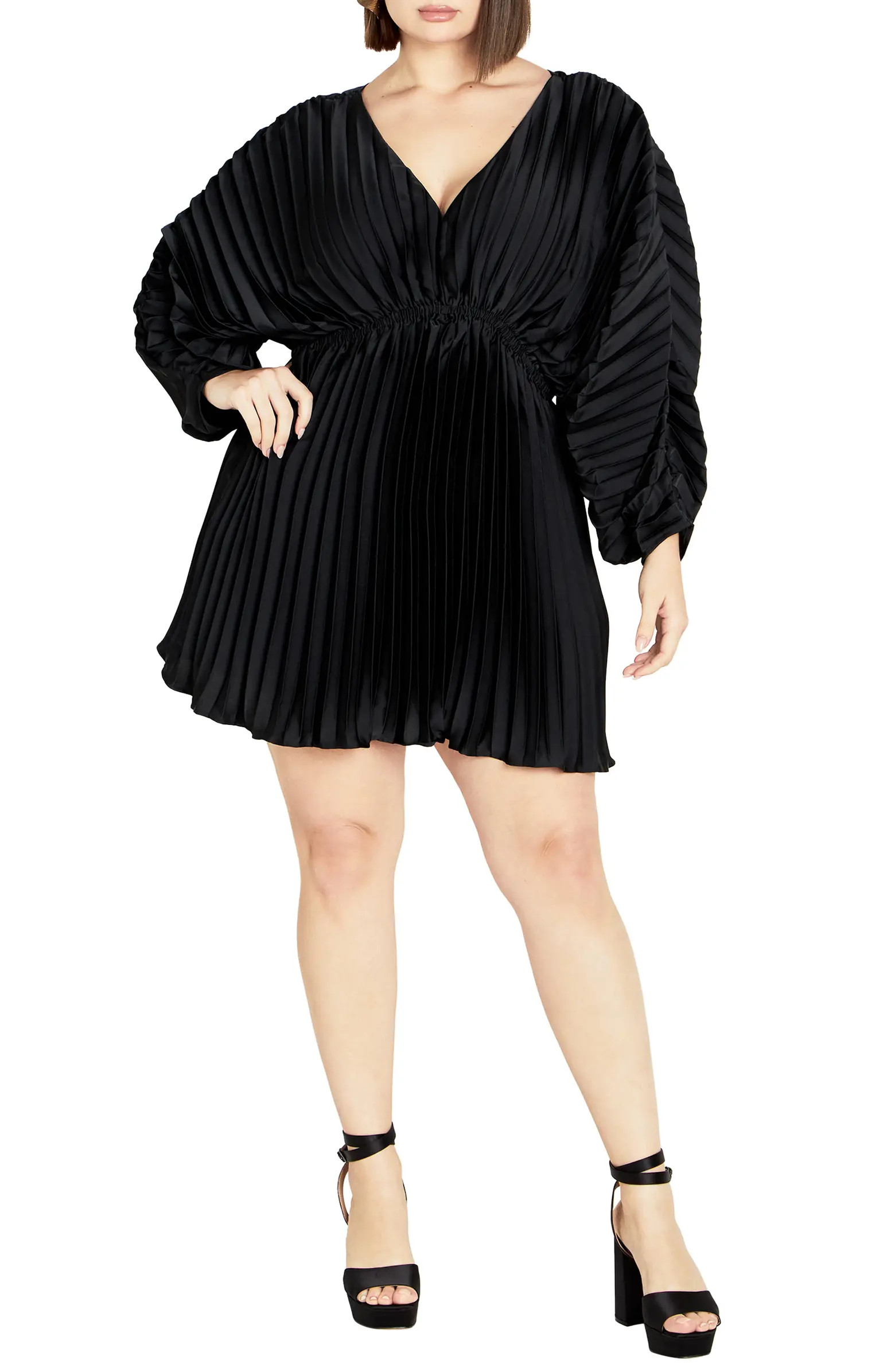 City Chic Chloe Pleated Long Sleeve Satin Minidress | Nordstrom | Nordstrom