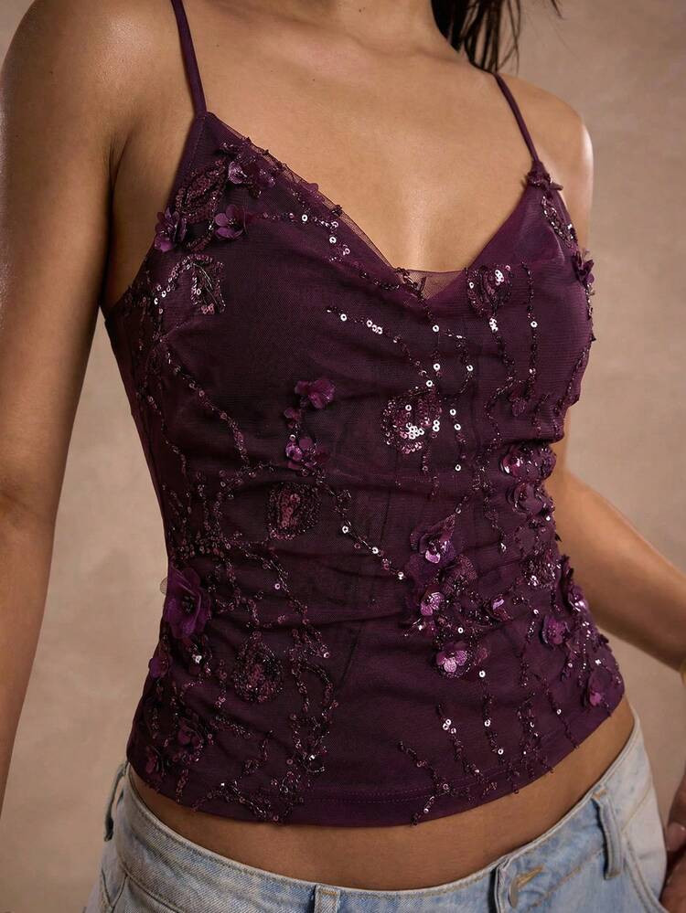 SHEIN BAE Women's Solid Color Spaghetti Strap Fitted Shiny Summer Tank Top,Dark Purple Top, Summer Tank Top, Beach Top, Vacation Top, Ibiza-Style Top, Italian Top, Sequined Top, Heavily Embroidered Top, 3D Floral Top | SHEIN