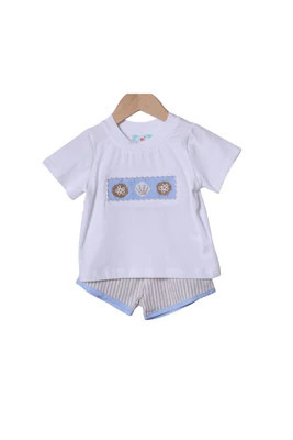 Smocked Sea Shells Blue/Khaki Stripe Short Set | The Smocked Flamingo