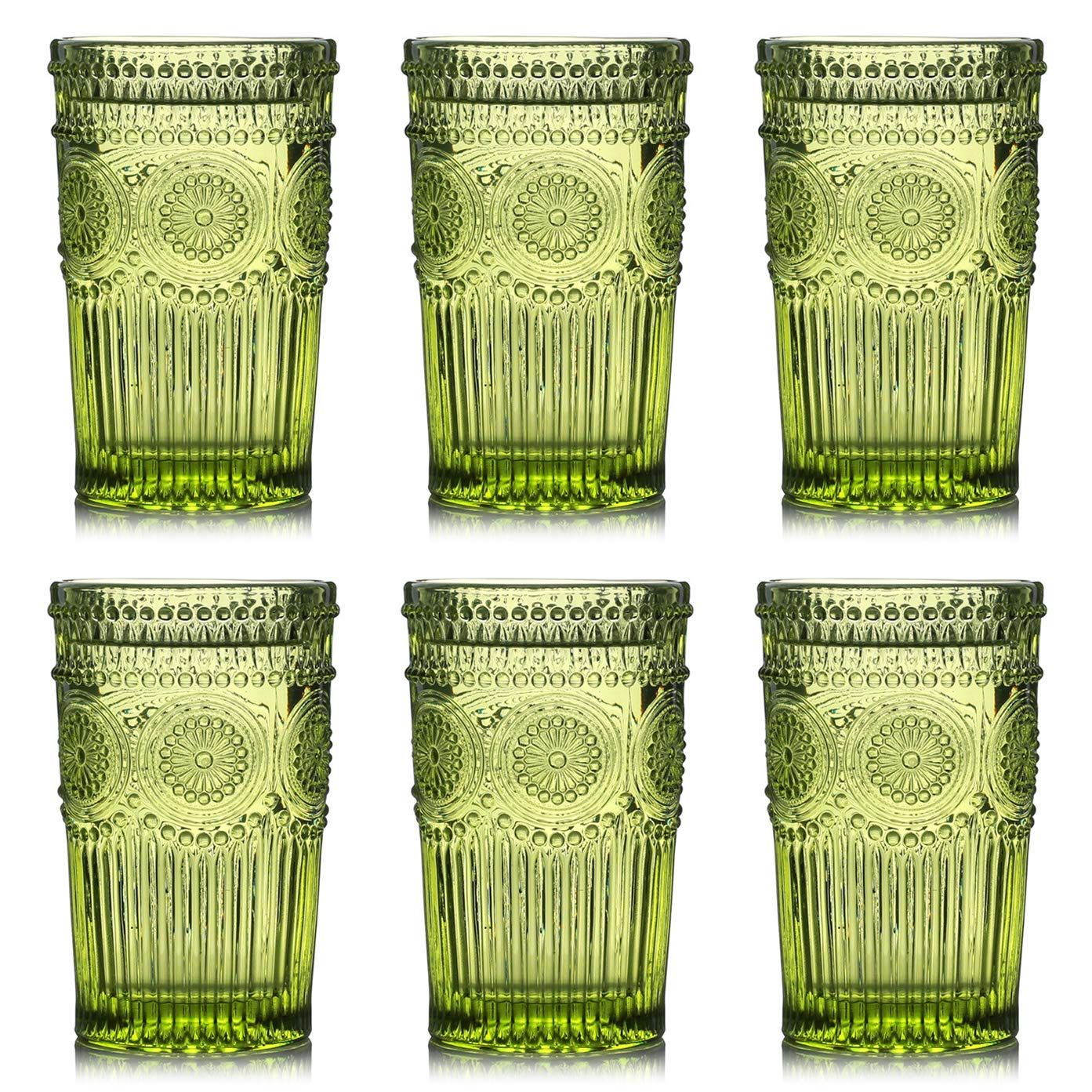 Kingrol 6 Pack Vintage Drinking Glasses, 12 oz Embossed Romantic Water Glassware, Glass Tumbler Set  | Amazon (US)