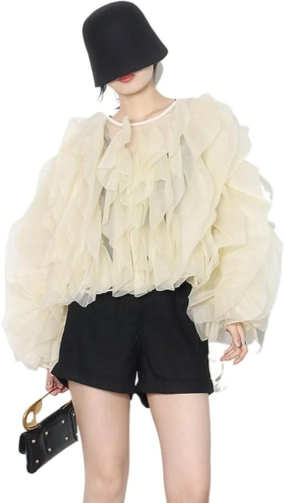 Luxury Flowy Ruffle Tulle Blouse for Women Elegant Long Sleeve Top Romantic Party Wear for Date N... | Amazon (US)