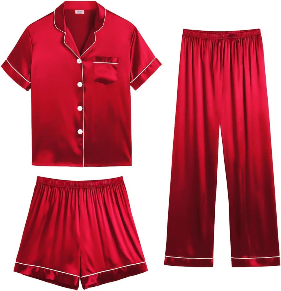 SWOMOG Womens 3pcs Pajamas Set Silk Satin Short Sleeve Sleepwear Button Down Loungewear Pjs Night... | Amazon (US)