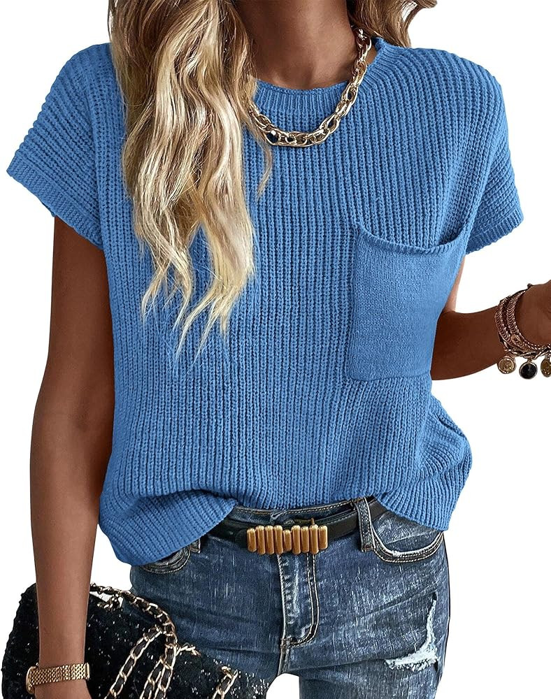 KIRUNDO Women Cap Sleeve Sweater Vest Casual Oversized Crewneck Lightweight Knit Pullover Tank To... | Amazon (US)