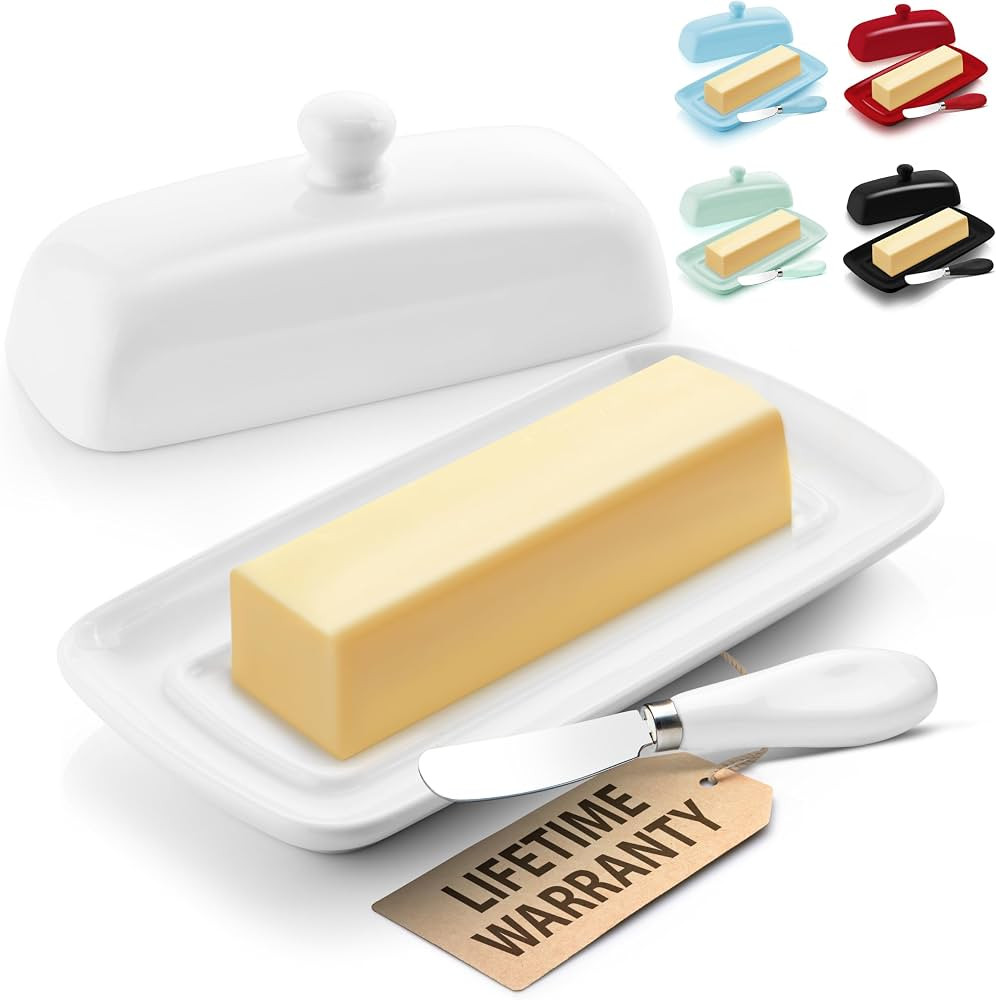 Zulay Butter Dish With Lid For Countertop - Porcelain White, Ceramic Butter Dish with Knob Handle... | Amazon (US)