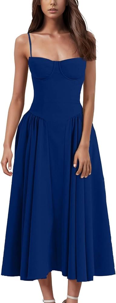 WJDNHKYD Corset Midi Dress Elegant Spaghetti Strap Bustier Midi Dress Flowy Pleated Hem Low Cut P... | Amazon (US)