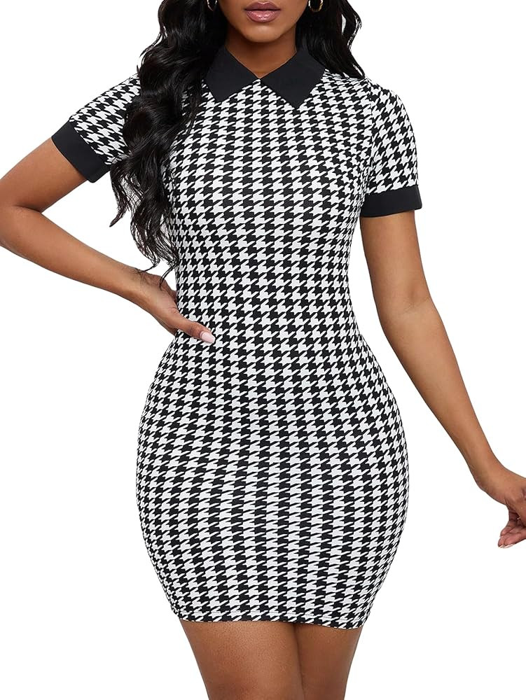 Floerns Women's Houndstooth Print Contrast Collar Short Sleeve Bodycon Mini Dress | Amazon (US)