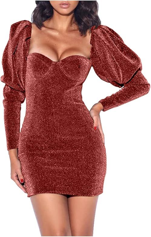 L'VOW Women's Sexy Sweetheart Neckline Padded Cup Bodycon Backless Puff Long Sleeve Push Up Mini ... | Amazon (US)
