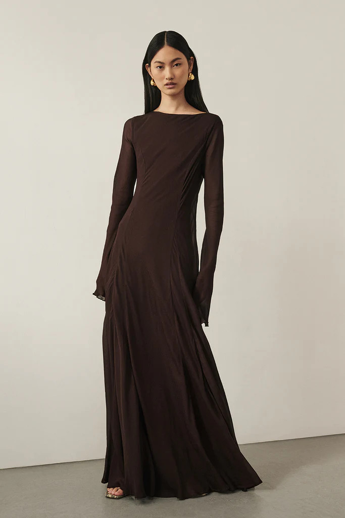 ELODIE DARK CHOC LONG SLEEVE MAXI DRESS | DISSH