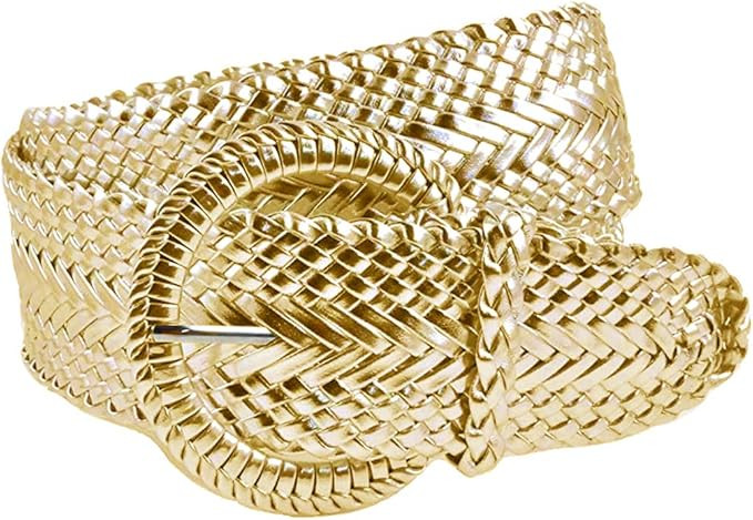 Women's Fashion Web Woven Braid Faux Leather Metallic Wide Belt | Amazon (US)