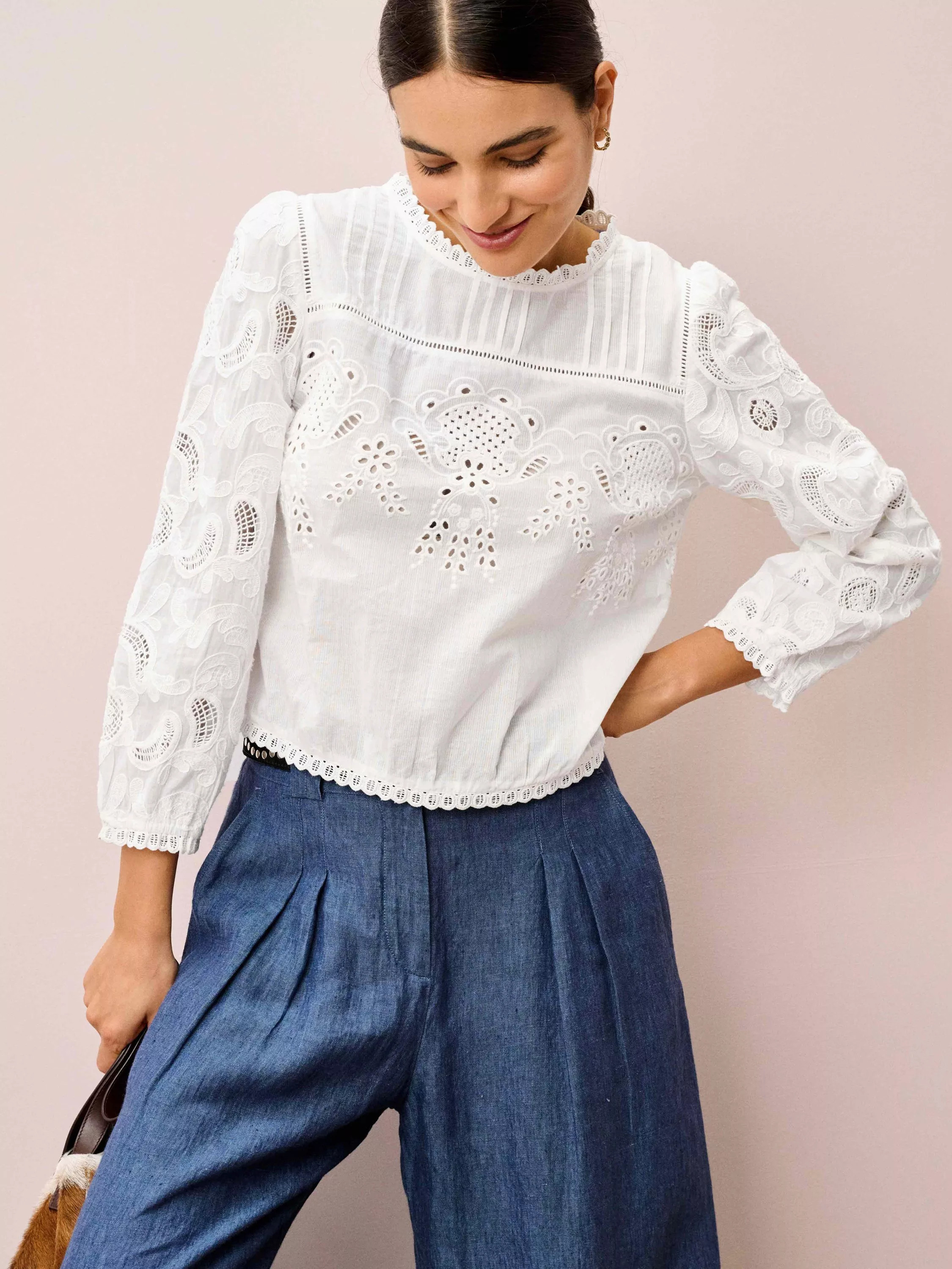 Brora Floral Broderie Anglaise Top, White | John Lewis (UK)